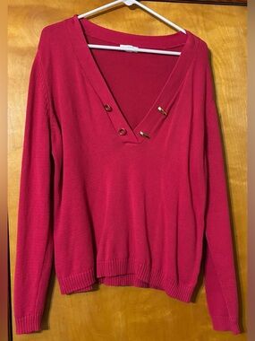 Charter Club V-Neck Sweater with Button Detail - Red